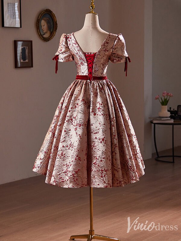 Pink Jacquard Satin Homecoming Dress Puffed Sleeve Hoco 2024 Back to School Dress 8020-prom dresses 2025 -Viniodress-Pink-Custom Size-