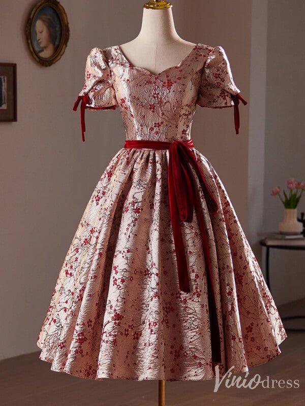 Pink Jacquard Satin Homecoming Dress Puffed Sleeve Hoco 2024 Back to School Dress 8020-prom dresses 2025 -Viniodress-Pink-Custom Size-