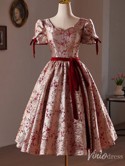 Pink Jacquard Satin Homecoming Dress Puffed Sleeve Hoco 2024 Back to School Dress 8020-prom dresses 2025 -Viniodress-Pink-Custom Size-