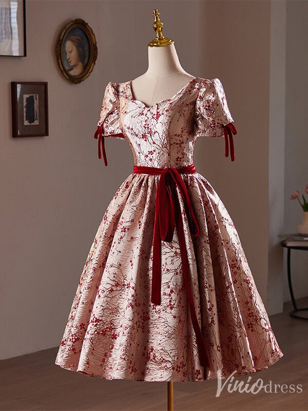 Pink Jacquard Satin Homecoming Dress Puffed Sleeve Hoco 2024 Back to School Dress 8020-prom dresses 2025 -Viniodress-Pink-Custom Size-