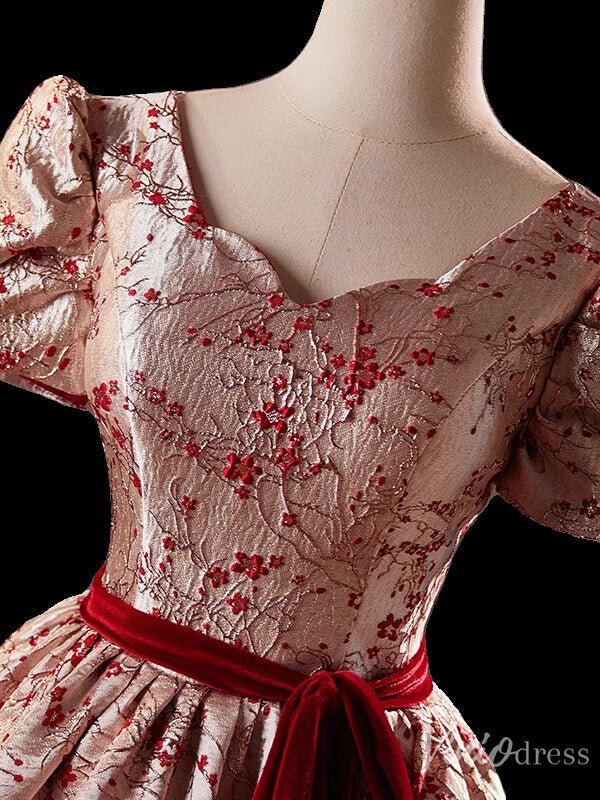 Pink Jacquard Satin Homecoming Dress Puffed Sleeve Hoco 2024 Back to School Dress 8020-prom dresses 2025 -Viniodress-Pink-Custom Size-