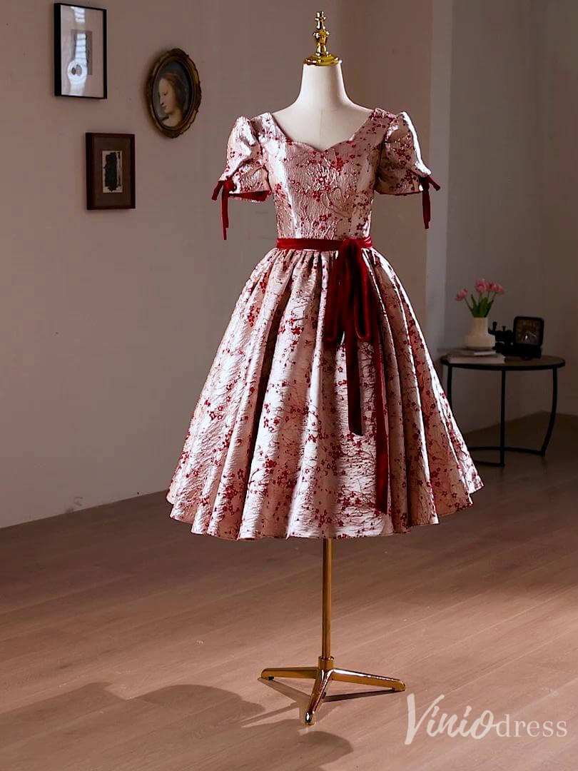 Pink Jacquard Satin Homecoming Dress Puffed Sleeve Hoco 2024 Back to School Dress 8020-prom dresses 2025 -Viniodress-Pink-Custom Size-