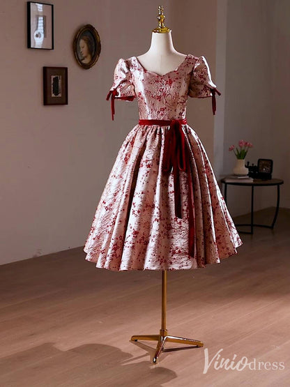 Pink Jacquard Satin Homecoming Dress Puffed Sleeve Hoco 2024 Back to School Dress 8020-prom dresses 2025 -Viniodress-Pink-Custom Size-