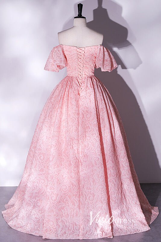 Pink Jacquard Satin Off the Shoulder Prom Dresses FD3514-prom dresses 2025 -Viniodress-Pink-Custom Size-