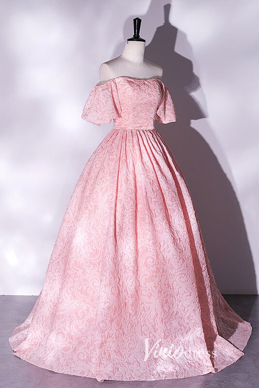 Pink Jacquard Satin Off the Shoulder Prom Dresses FD3514-prom dresses 2025 -Viniodress-Pink-Custom Size-