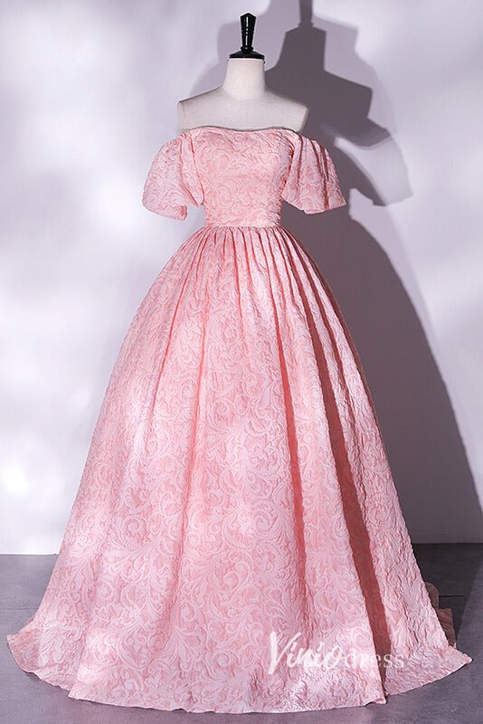 Pink Jacquard Satin Off the Shoulder Prom Dresses FD3514-prom dresses 2025 -Viniodress-Pink-Custom Size-