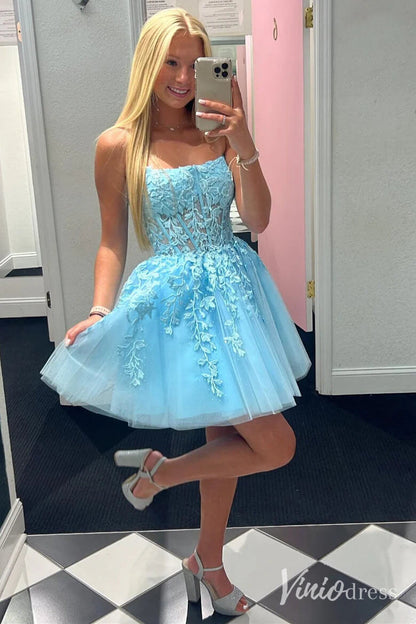 Pink Lace Applique Homecoming Dresses Strapless Back to School Dress SD1678-Homecoming Dresses 2025 -Viniodress-Light Blue-Custom Size-