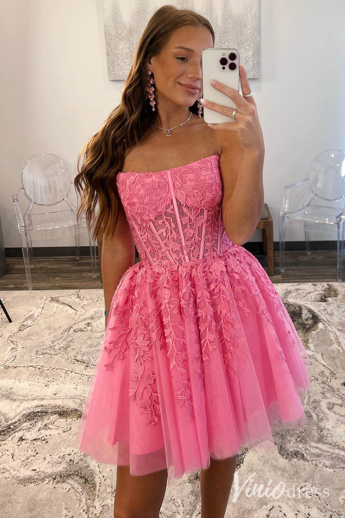 Pink Lace Applique Homecoming Dresses Strapless Back to School Dress SD1678-Homecoming Dresses 2025 -Viniodress-Pink-Custom Size-