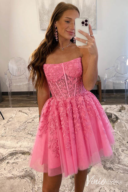 Pink Lace Applique Homecoming Dresses Strapless Back to School Dress SD1678-Homecoming Dresses 2025 -Viniodress-Pink-Custom Size-