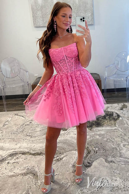 Pink Lace Applique Homecoming Dresses Strapless Back to School Dress SD1678-Homecoming Dresses 2025 -Viniodress-Pink-Custom Size-
