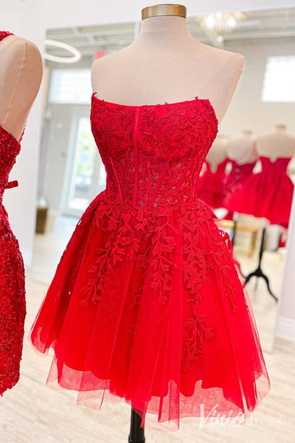 Pink Lace Applique Homecoming Dresses Strapless Back to School Dress SD1678-Homecoming Dresses 2025 -Viniodress-Red-Custom Size-