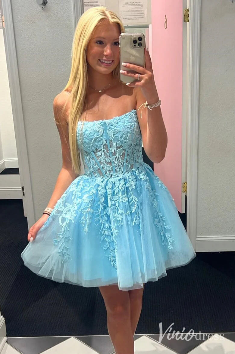 Pink Lace Applique Homecoming Dresses Strapless Back to School Dress SD1678-Homecoming Dresses 2025 -Viniodress-Pink-Custom Size-