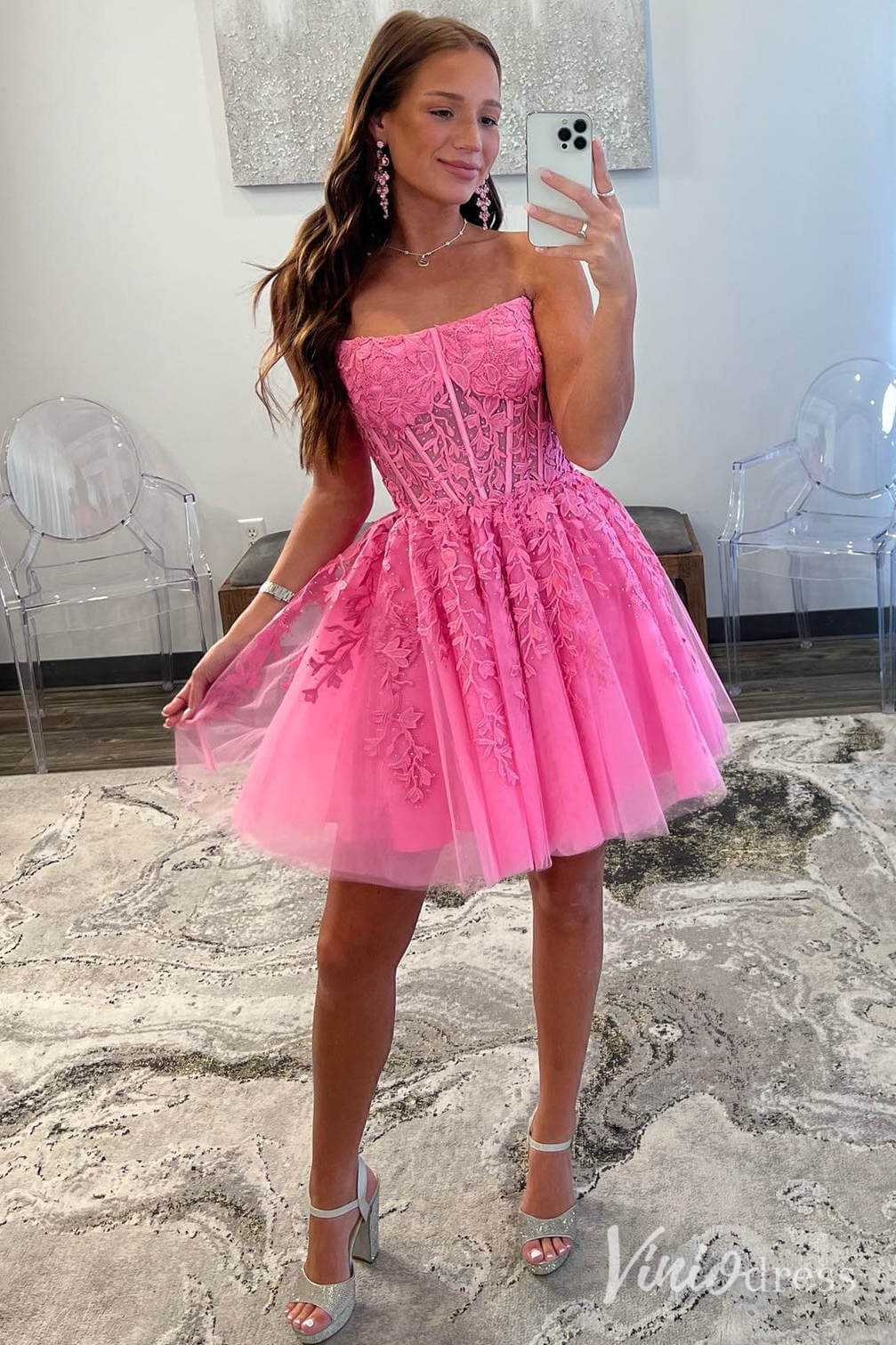 Pink Lace Applique Homecoming Dresses Strapless Back to School Dress SD1678-Homecoming Dresses-Viniodress-Pink-Custom Size-Viniodress