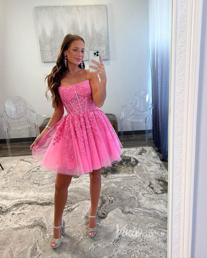 Pink Lace Applique Homecoming Dresses Strapless Short Prom Dress SD1635-prom dresses 2025 -Viniodress-Pink-Custom Size-