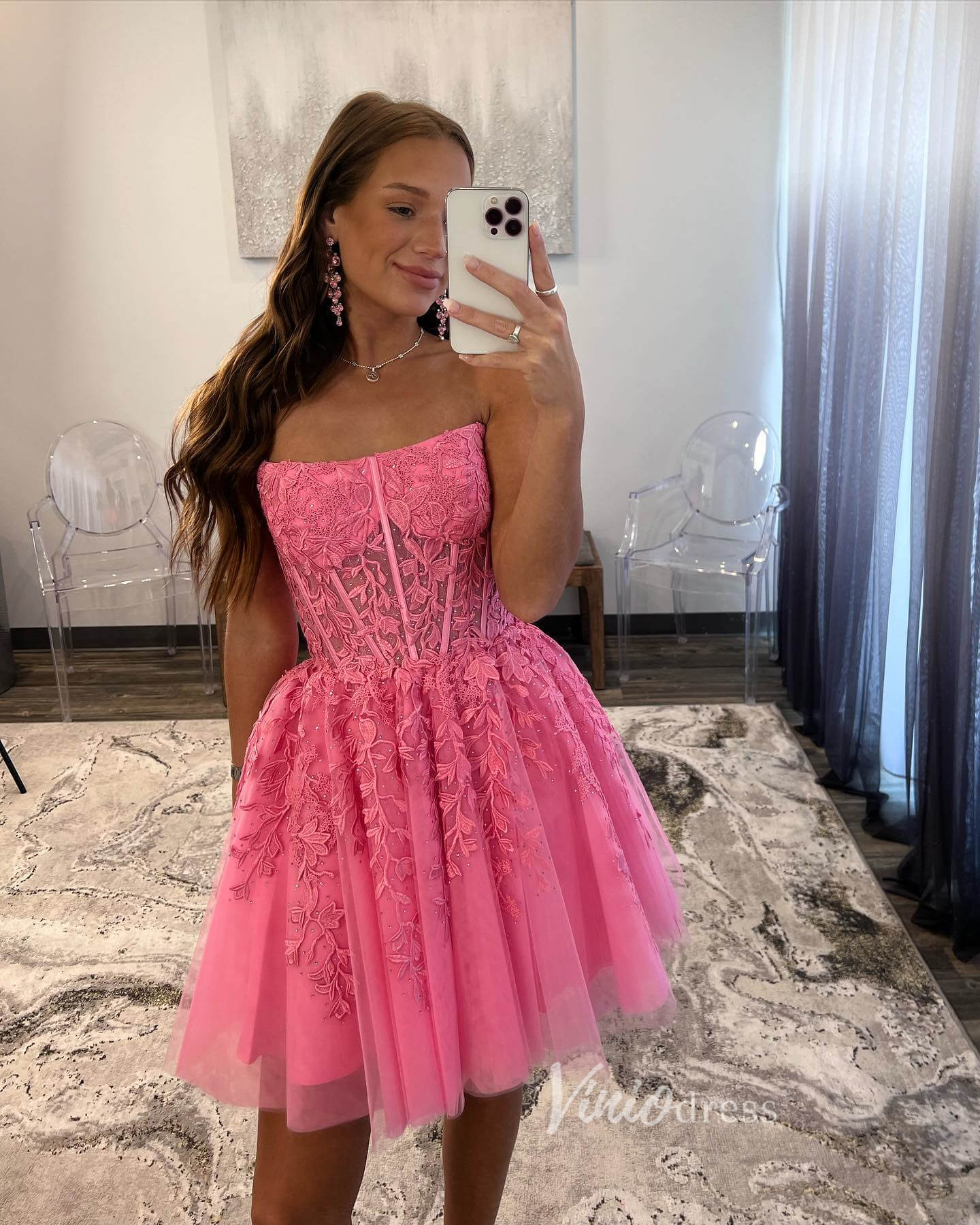 Pink Lace Applique Homecoming Dresses Strapless Short Prom Dress SD1635-prom dresses 2025 -Viniodress-Pink-Custom Size-