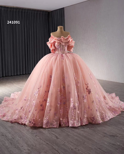 Pink Lace Applique Layered Wedding Gowns Convertible Quince Dress 241091-Quinceanera Dresses 2025 -Viniodress-Pink-Custom Size-
