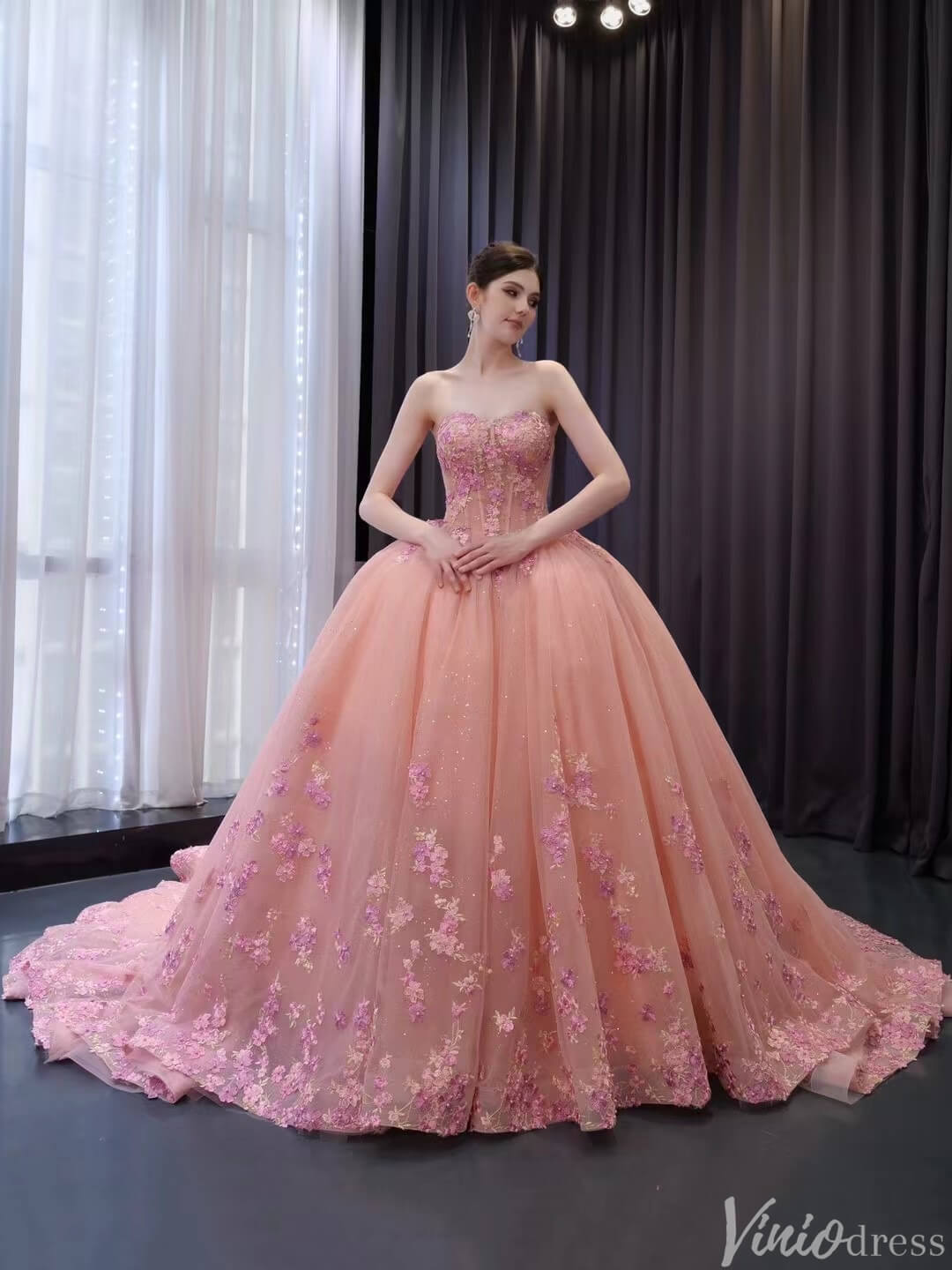 Pink Lace Applique Layered Wedding Gowns Convertible Quince Dress 241091-Quinceanera Dresses-Viniodress-Viniodress