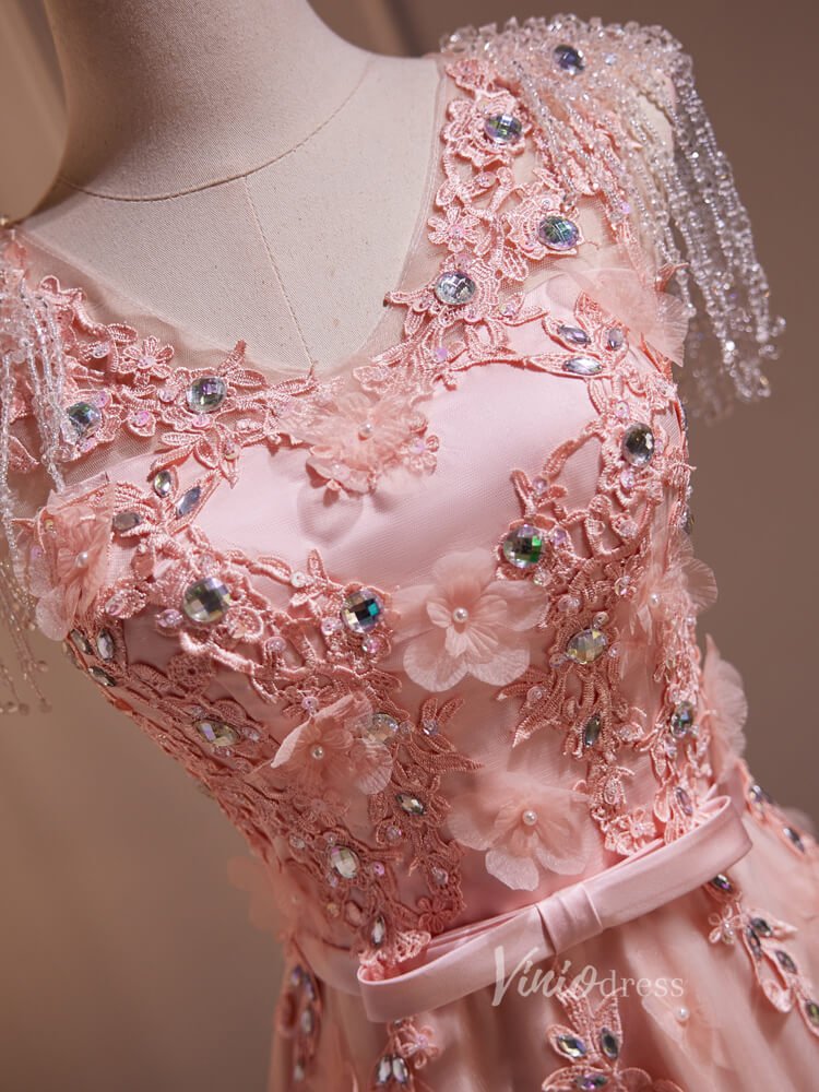 Pink Lace Applique Prom Dresses Beaded String Sheer Back BJ015-prom dresses 2025 -Viniodress-Pink-Custom Size-