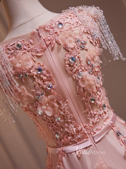 Pink Lace Applique Prom Dresses Beaded String Sheer Back BJ015-prom dresses 2025 -Viniodress-Pink-Custom Size-