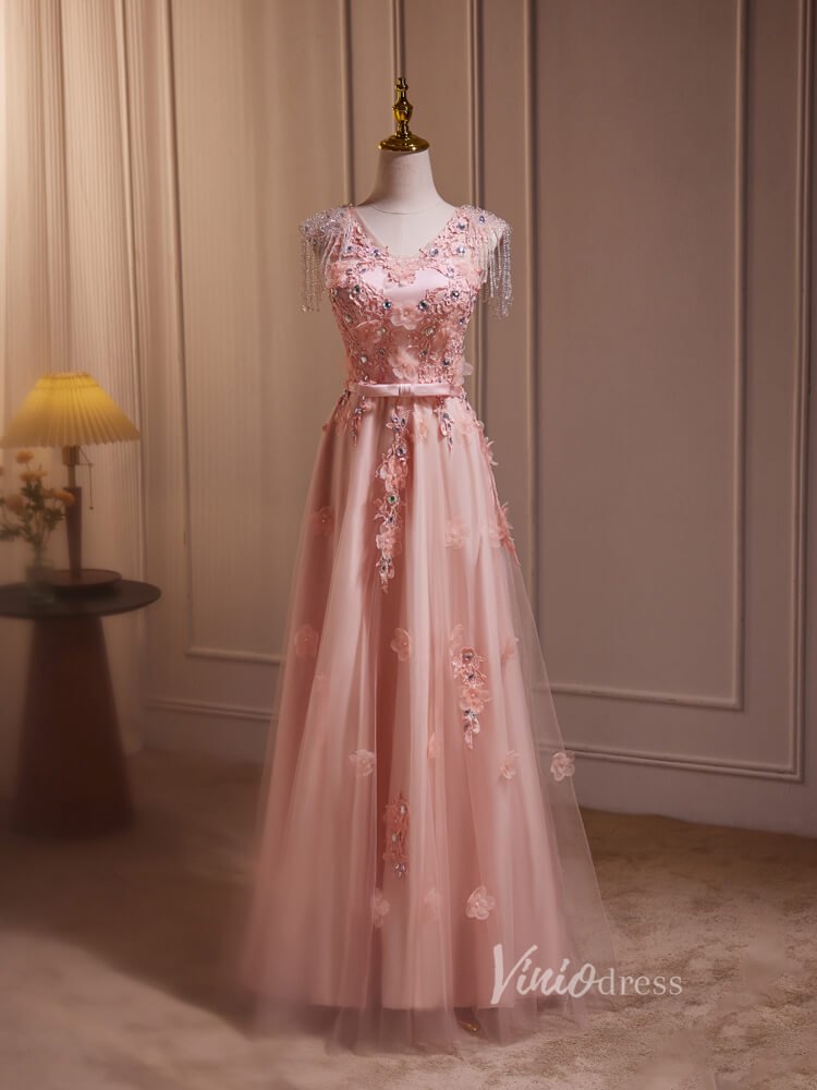 Pink Lace Applique Prom Dresses Beaded String Sheer Back BJ015-prom dresses 2025 -Viniodress-Pink-Custom Size-