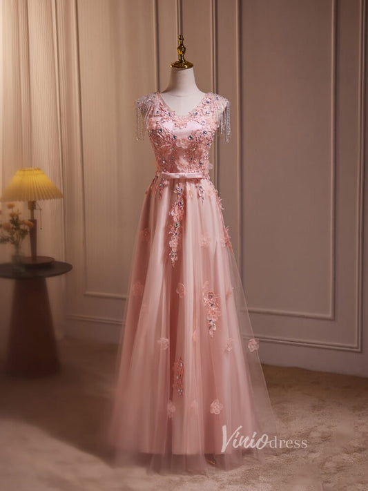 Pink Lace Applique Prom Dresses Beaded String Sheer Back BJ015-prom dresses 2025 -Viniodress-Pink-Custom Size-