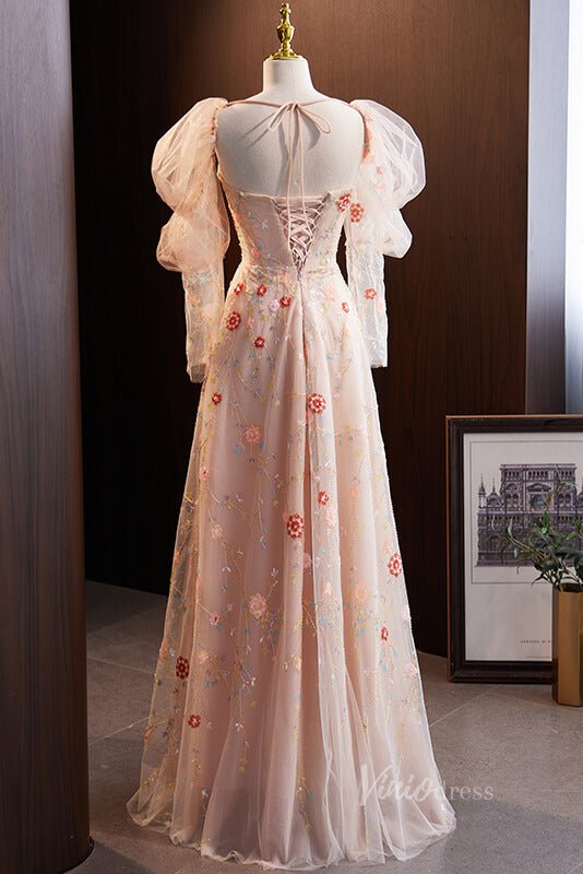 Pink Lace Applique Prom Dresses Removable Puffed Sleeve Formal Dress AD1104-prom dresses 2025 -Viniodress-Pink-Custom Size-