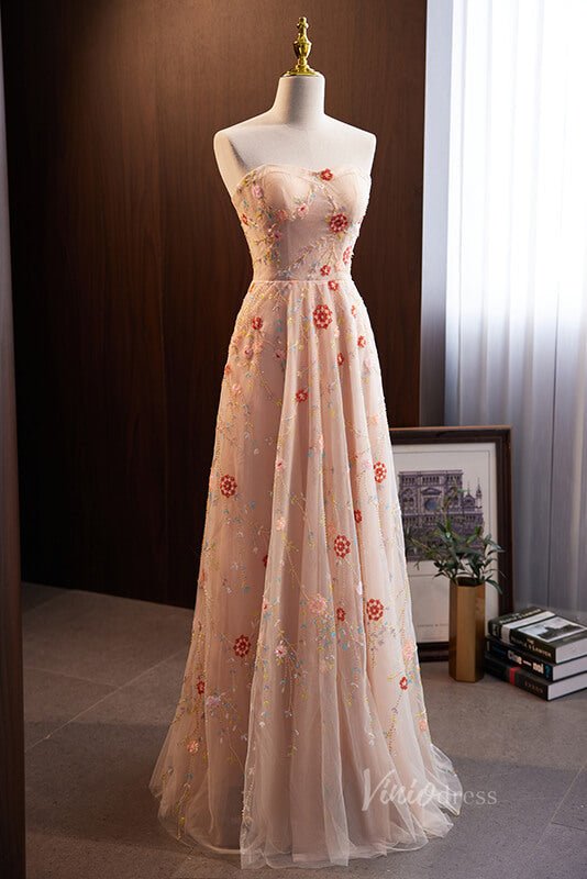 Pink Lace Applique Prom Dresses Removable Puffed Sleeve Formal Dress AD1104-prom dresses 2025 -Viniodress-Pink-Custom Size-