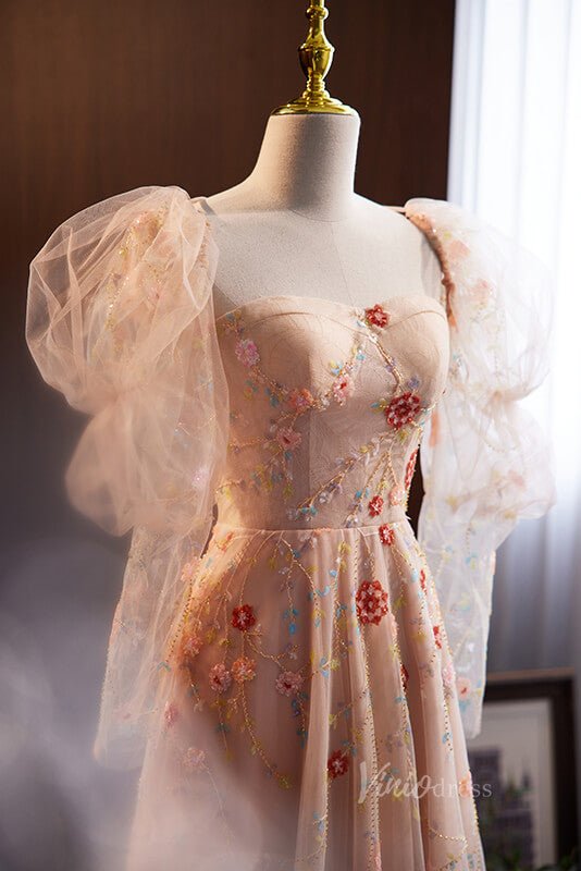 Pink Lace Applique Prom Dresses Removable Puffed Sleeve Formal Dress AD1104-prom dresses 2025 -Viniodress-Pink-Custom Size-