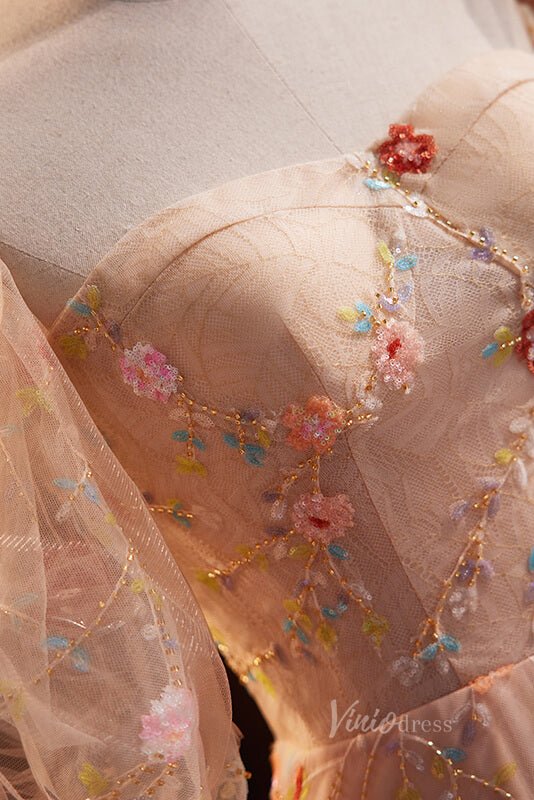 Pink Lace Applique Prom Dresses Removable Puffed Sleeve Formal Dress AD1104-prom dresses 2025 -Viniodress-Pink-Custom Size-