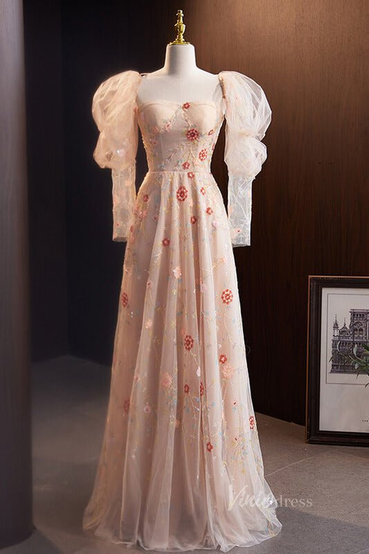 Pink Lace Applique Prom Dresses Removable Puffed Sleeve Formal Dress AD1104-prom dresses 2025 -Viniodress-Pink-Custom Size-