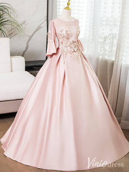 Pink Lace Applique Short Sleeve Prom Dresses Satin Boat Neck Formal Gown AD1364-prom dresses 2025 -Viniodress-Pink-Custom Size-