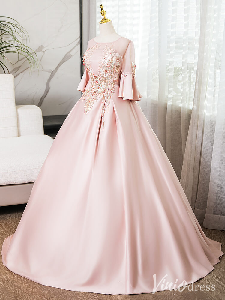 Pink Lace Applique Short Sleeve Prom Dresses Satin Boat Neck Formal Gown AD1364-prom dresses-Viniodress-Viniodress