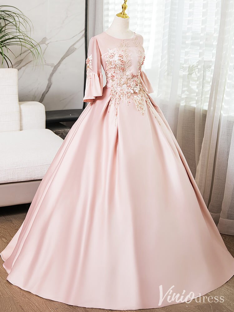 Pink Lace Applique Short Sleeve Prom Dresses Satin Boat Neck Formal Gown AD1364 - Viniodressprom dressesPinkCustom Size - Formal Dresses - Ball Gowns