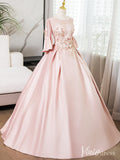 Pink Lace Applique Short Sleeve Prom Dresses Satin Boat Neck Formal Gown AD1364-prom dresses-Viniodress-Viniodress