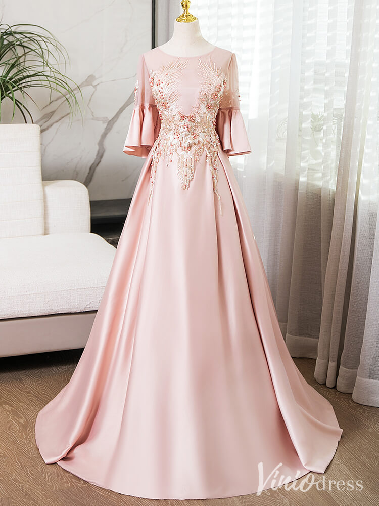 Pink Lace Applique Short Sleeve Prom Dresses Satin Boat Neck Formal Gown AD1364-prom dresses-Viniodress-Viniodress