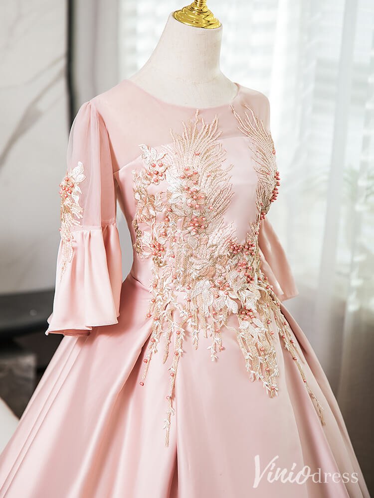 Pink Lace Applique Short Sleeve Prom Dresses Satin Boat Neck Formal Gown AD1364 - Viniodressprom dressesPinkCustom Size - Formal Dresses - Ball Gowns