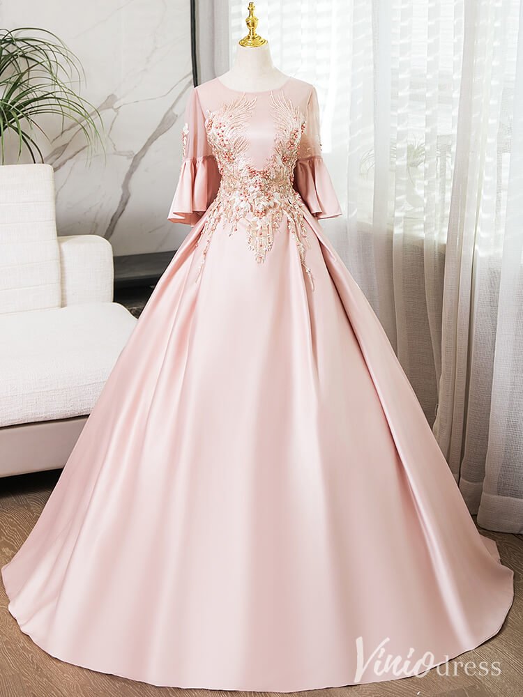 Pink Lace Applique Short Sleeve Prom Dresses Satin Boat Neck Formal Gown AD1364 - Viniodressprom dressesPinkCustom Size - Formal Dresses - Ball Gowns