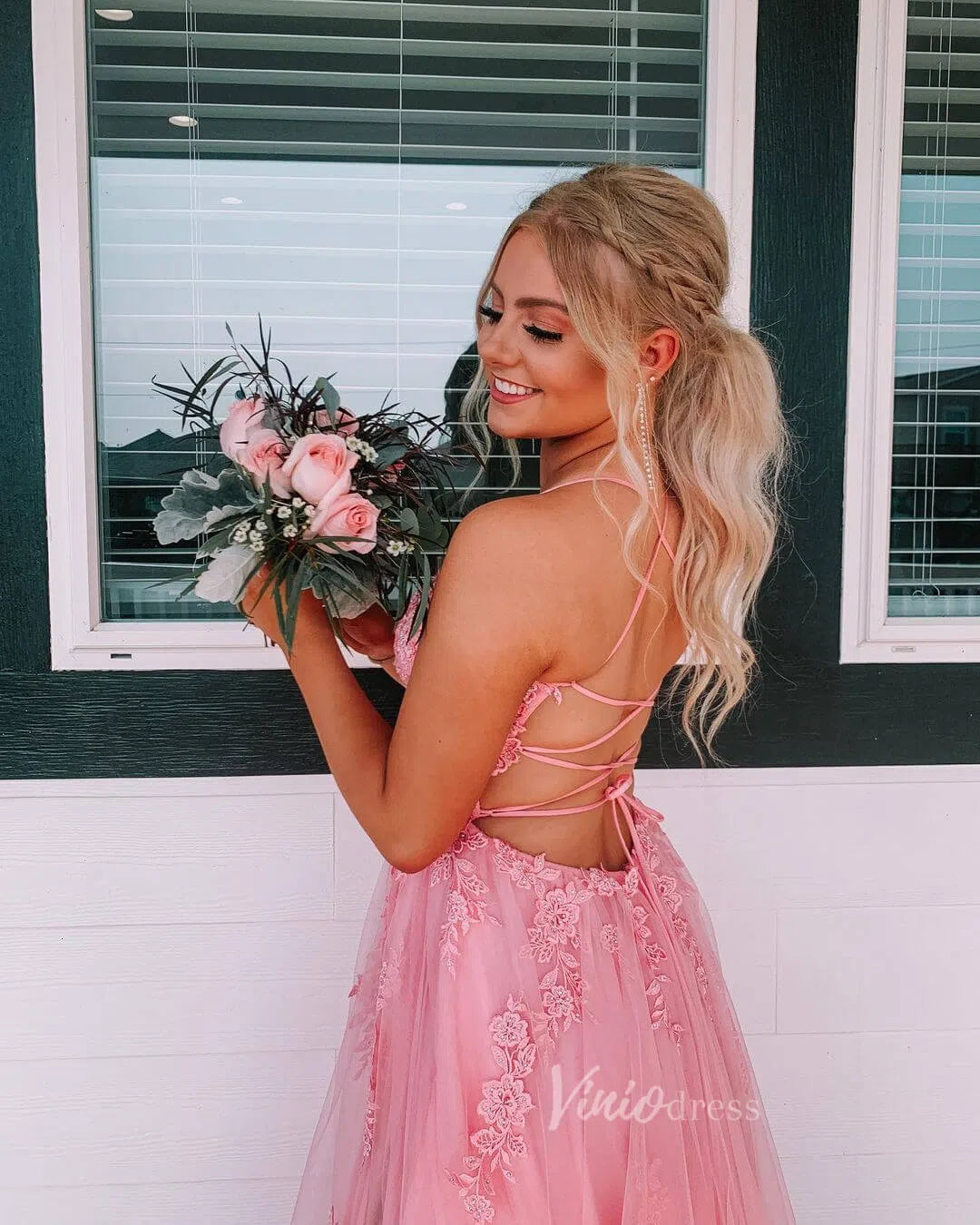 Pink Lace Appliqued Long Prom Dress with Slit Spaghetti Strap FD1739 Viniodress Pink Lace Appliqued Long Prom Dress with Slit Spaghetti Strap FD1739 Viniodress
