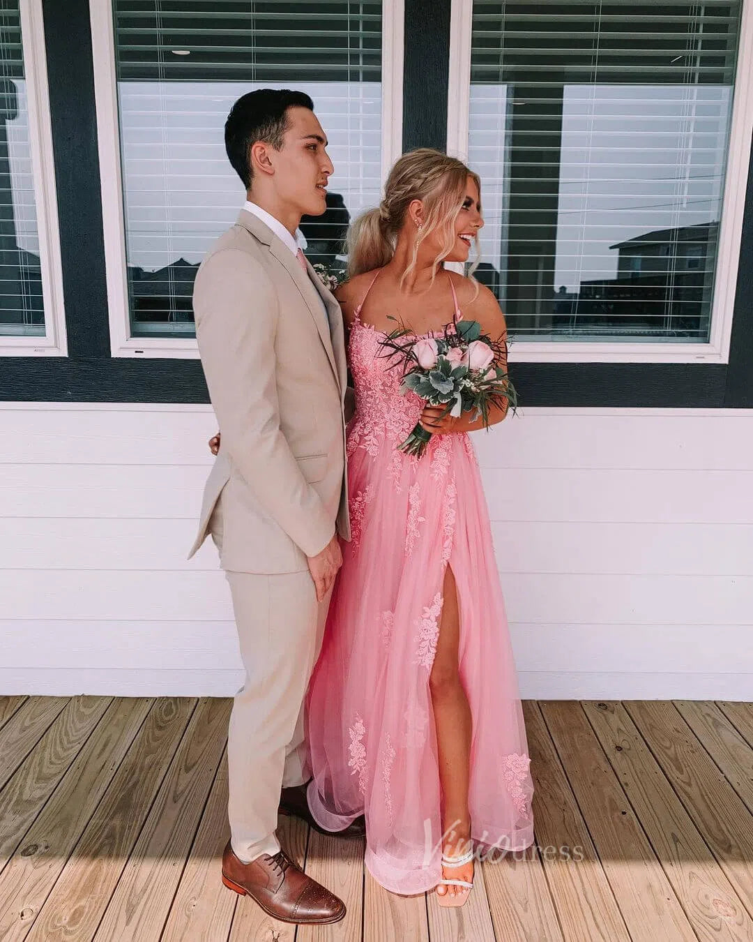 Pink Lace Appliqued Long Prom Dress with Slit Spaghetti Strap FD1739 Viniodress Pink Lace Appliqued Long Prom Dress with Slit Spaghetti Strap FD1739 Viniodress