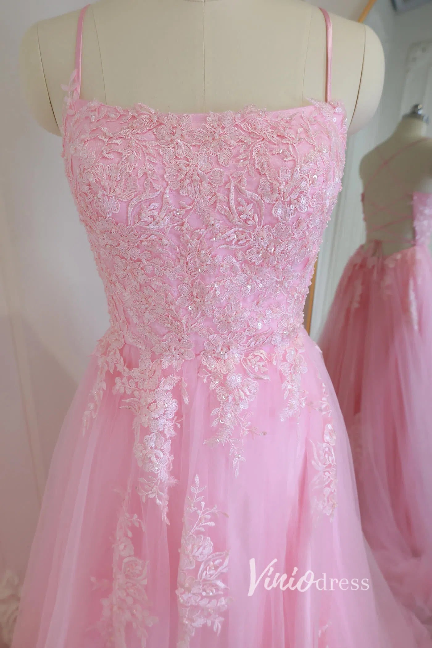 Pink Lace Appliqued Long Prom Dress with Slit Spaghetti Strap FD1739-prom dresses 2025 -Viniodress-Pink-Custom Size-