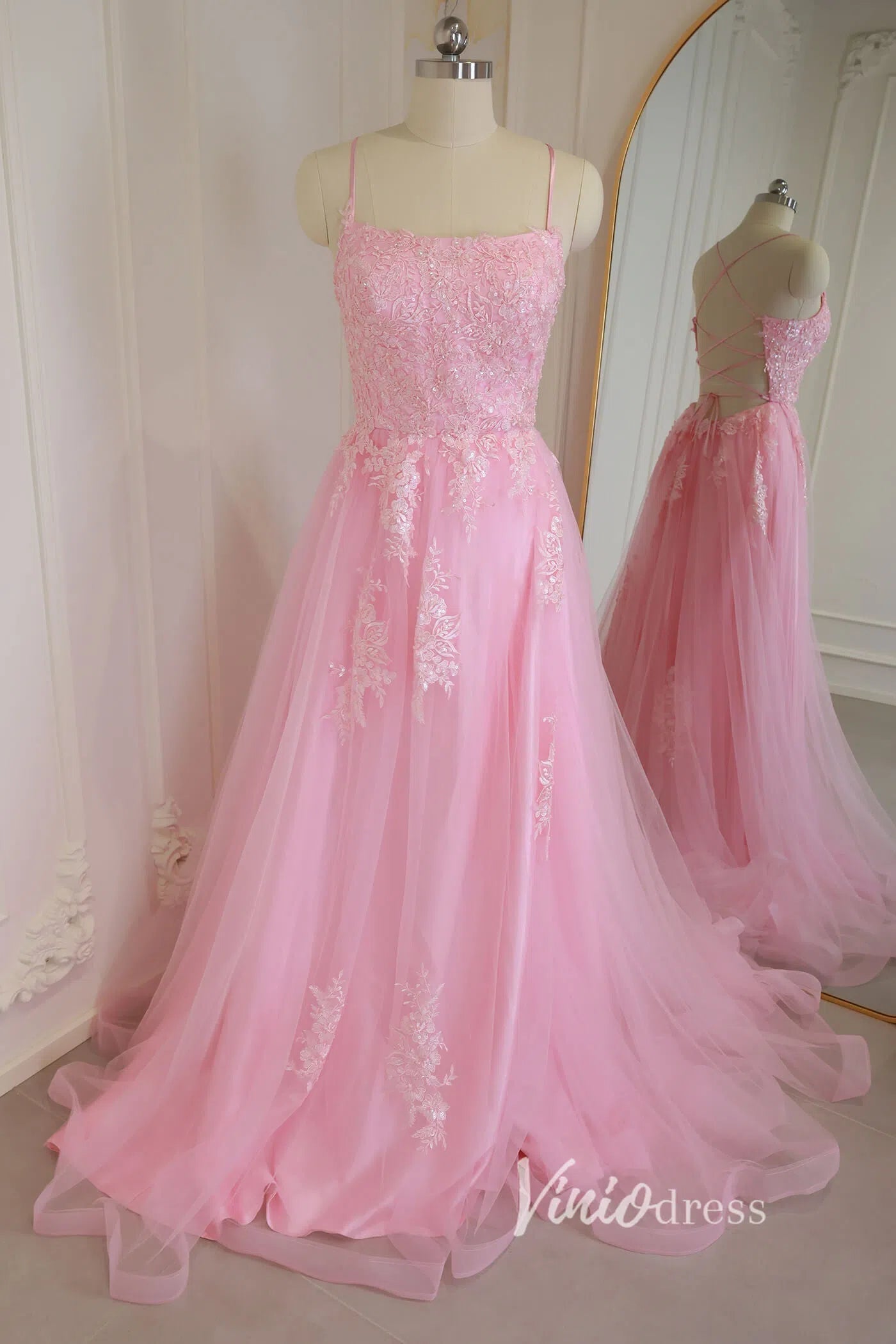 Prom Dress 2025 Pink Lace Appliqued Spaghetti Strap Long Prom Dress with Slit FD1739-unique prom dresses-Pink-Custom Size-Viniodress