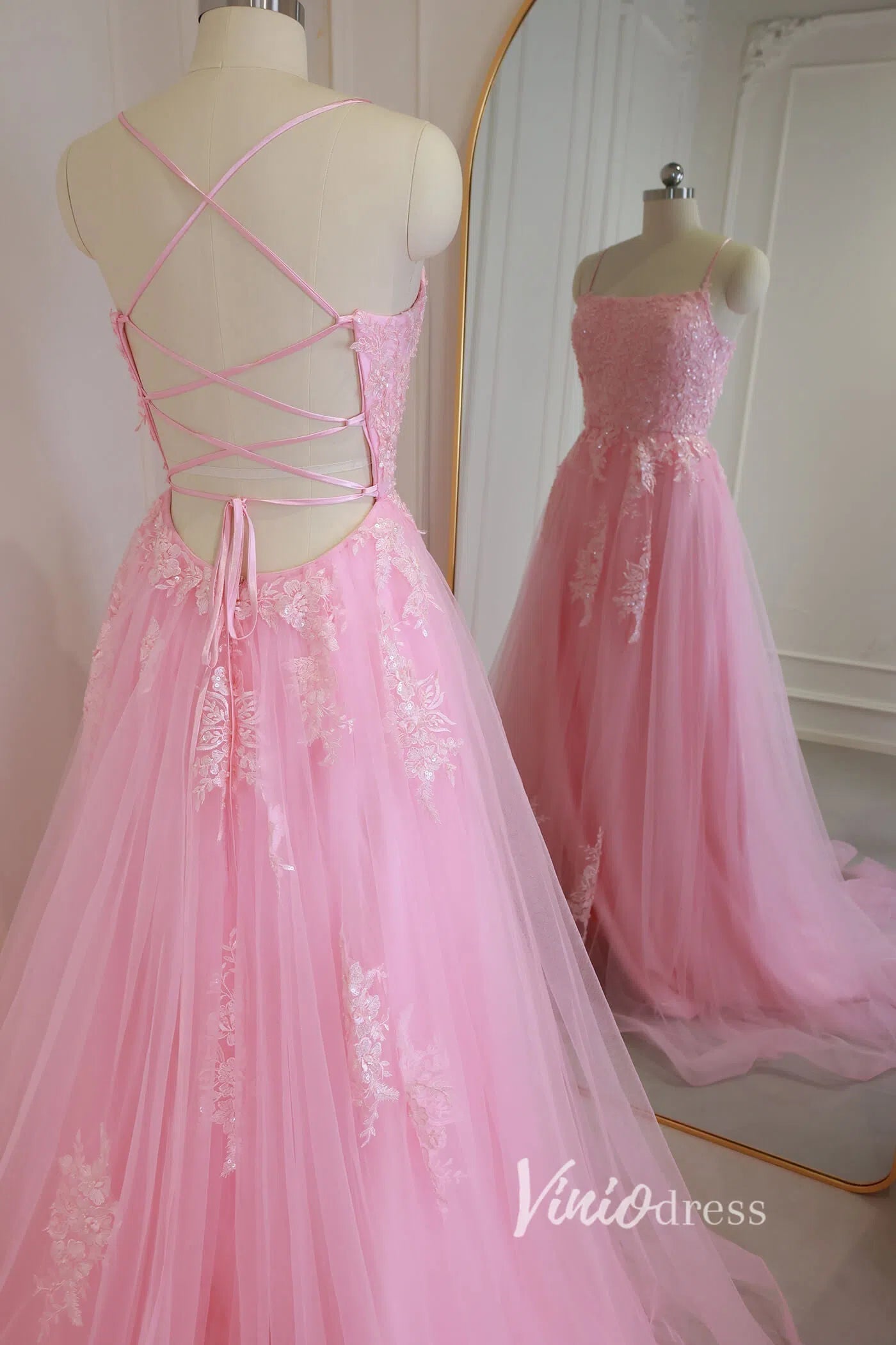 Prom Dress 2025 Pink Lace Appliqued Spaghetti Strap Long Prom Dress with Slit FD1739-unique prom dresses-Pink-Custom Size-Viniodress