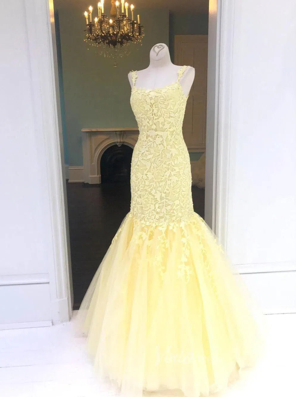 Prom Dress 2025 Pink Lace Appliqued Mermaid Prom Dresses Lace up back FD1250C-unique prom dresses-Yellow-Custom Size-Viniodress