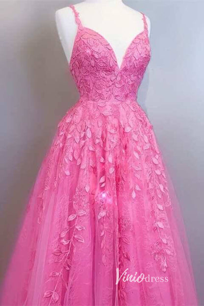 Pink Lace Appliqued Prom Dresses Spaghetti Strap Evening Dress FD3396-prom dresses 2025 -Viniodress-Pink-Custom Size-