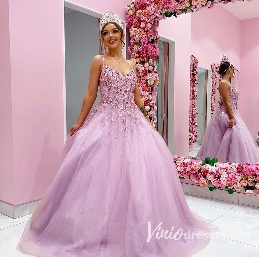 Pink Lace Appliqued Prom Dresses Spaghetti Strap Formal Gown FD3358-prom dresses 2025 -Viniodress-Pink-Custom Size-