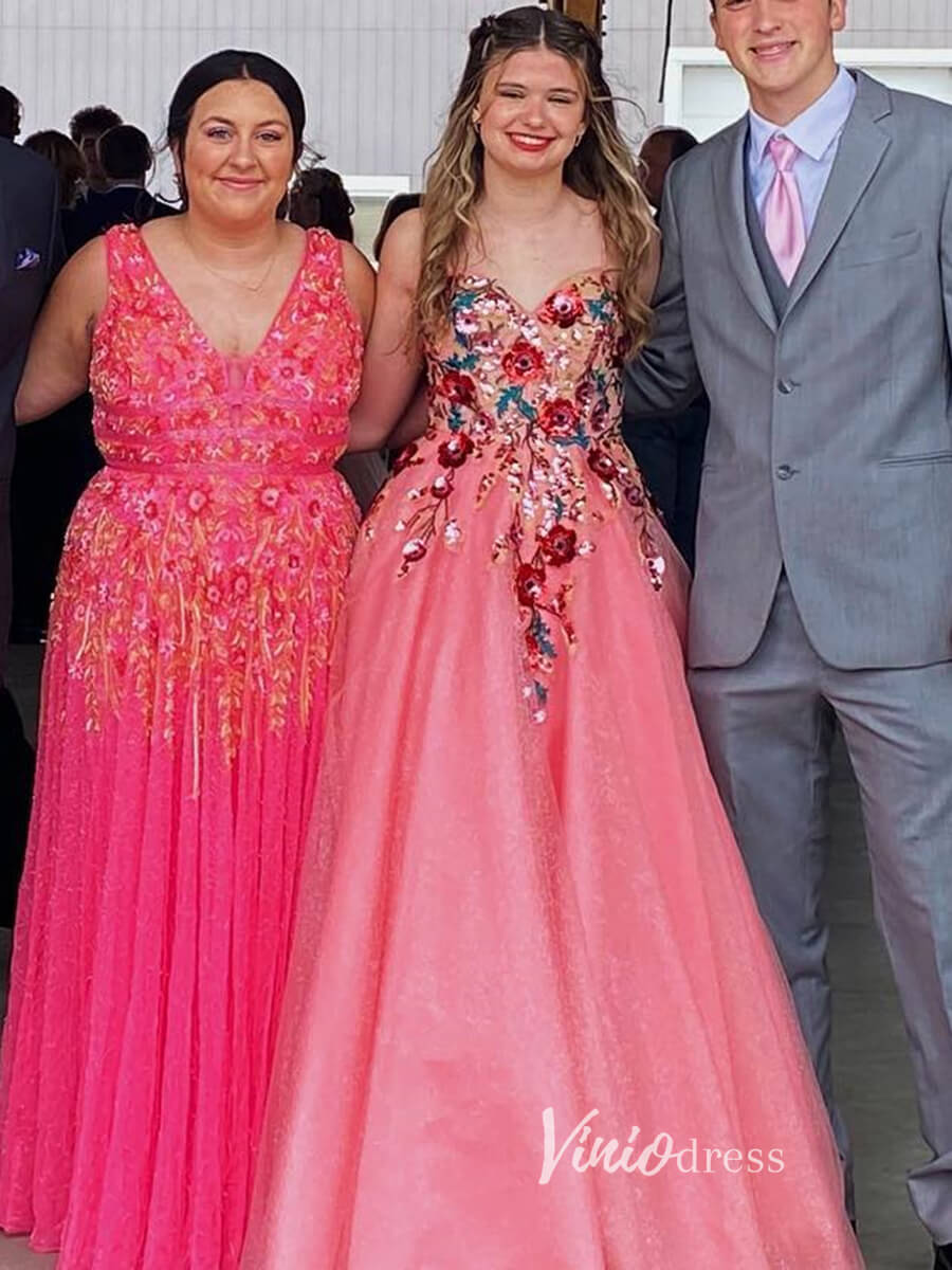 Pink Lace Appliqued Prom Dresses Sparkly Tulle Formal Gown FD3332-prom dresses 2025 -Viniodress-Pink-Custom Size-