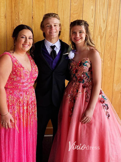 Pink Lace Appliqued Prom Dresses Sparkly Tulle Formal Gown FD3332-prom dresses 2025 -Viniodress-Pink-Custom Size-