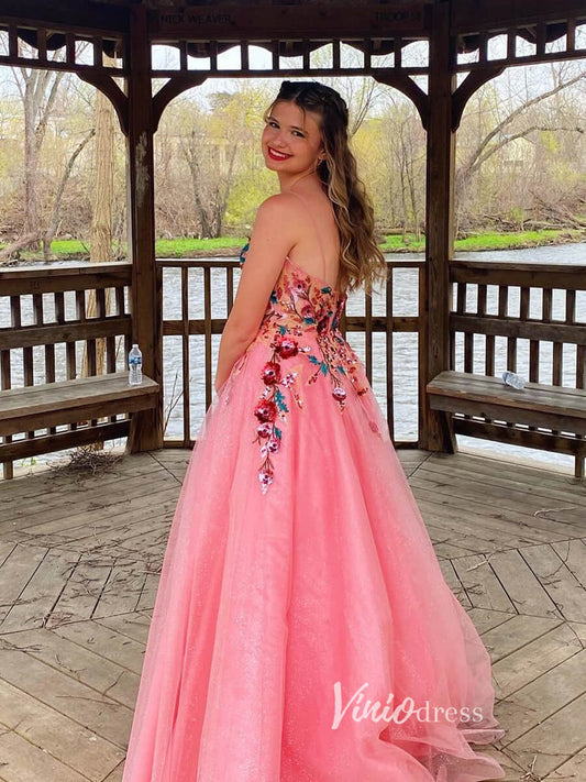 Pink Lace Appliqued Prom Dresses Sparkly Tulle Formal Gown FD3332-prom dresses 2025 -Viniodress-Pink-Custom Size-