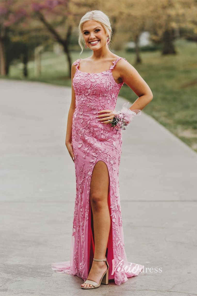 Pink Lace Appliqued Prom Dresses with Slit Spaghetti Strap FD1250G-prom dresses 2025 -Viniodress-Pink-Custom Size-