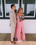 Pink Lace Appliqued Spaghetti Strap Long Prom Dress with Slit FD1739-prom dresses-Viniodress-Viniodress